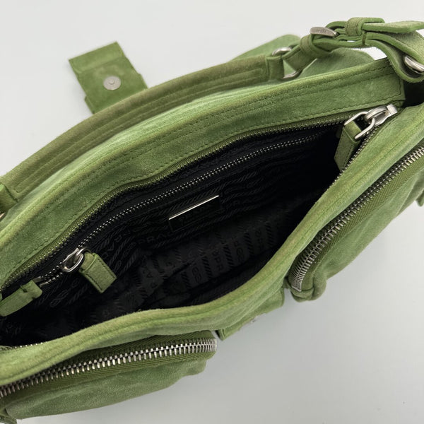 2000s Prada Scamosciato Suede Green Shoulder Bag