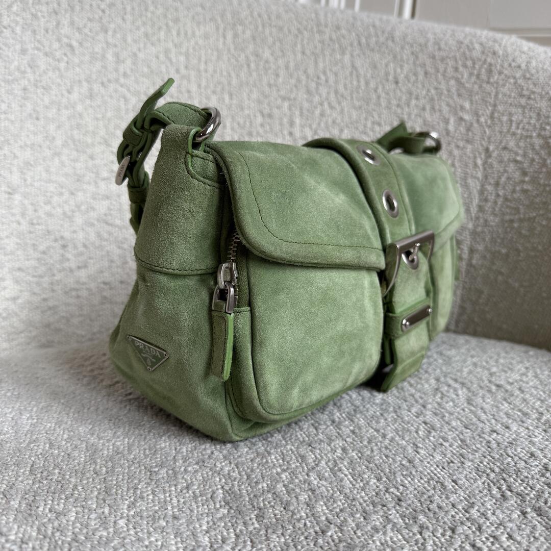 2000s Prada Scamosciato Suede Green Shoulder Bag