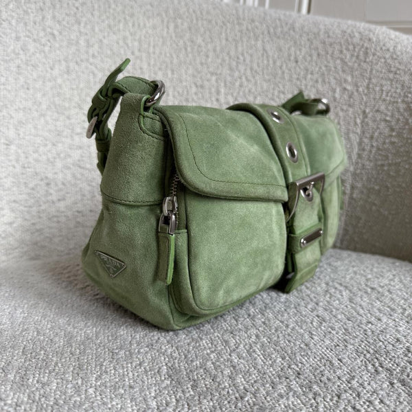 2000s Prada Scamosciato Suede Green Shoulder Bag