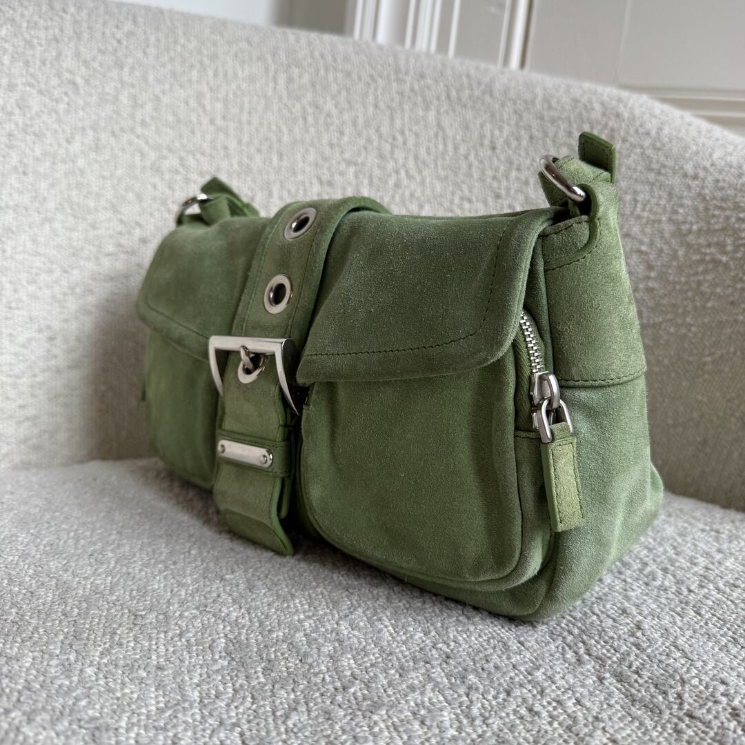 2000s Prada Scamosciato Suede Green Shoulder Bag