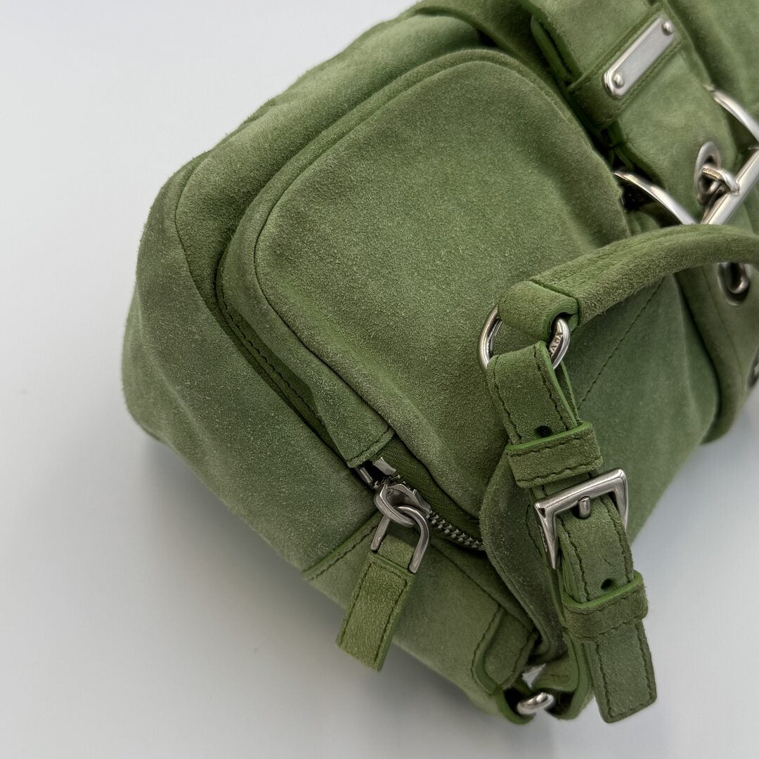 2000s Prada Scamosciato Suede Green Shoulder Bag