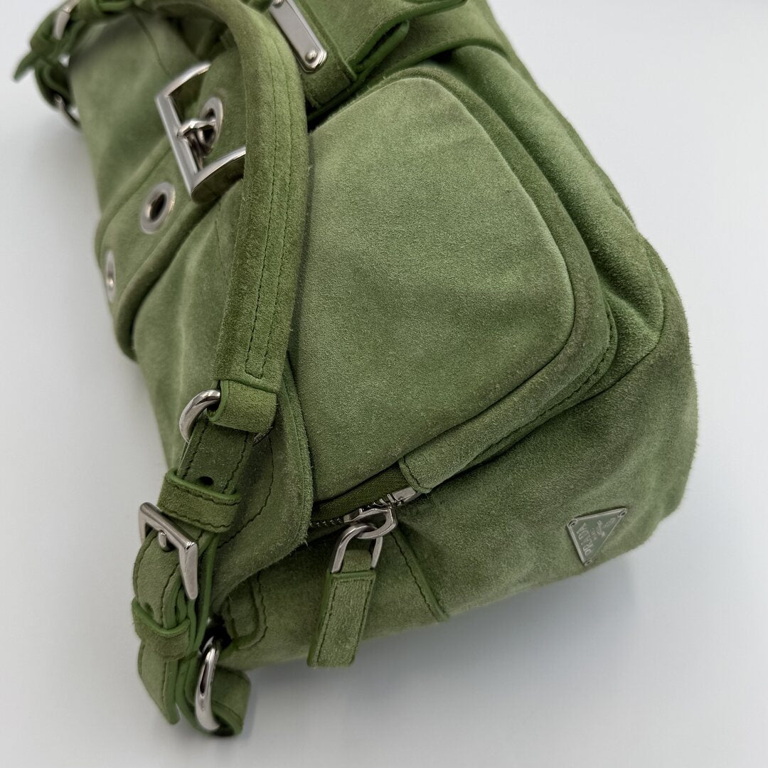 2000s Prada Scamosciato Suede Green Shoulder Bag