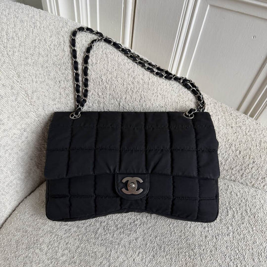 Chanel CC Chocolate Bar Nylon Black Flap Shoulder Bag