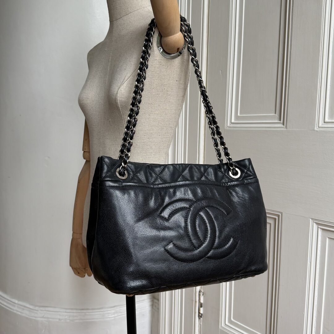 2010 Chanel CC Timeless Caviar Soft Shopper Black Tote Bag