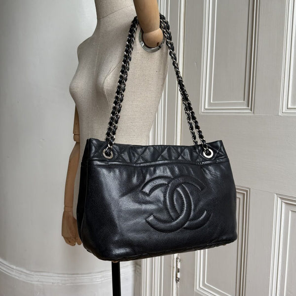 2010 Chanel CC Timeless Caviar Soft Shopper Black Tote Bag