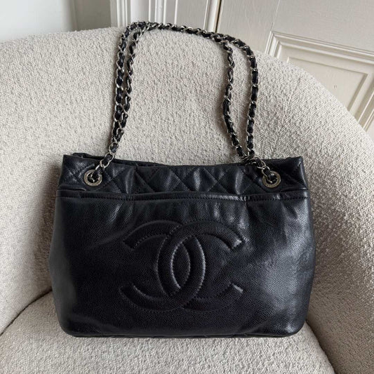 2010 Chanel CC Timeless Caviar Soft Shopper Black Tote Bag