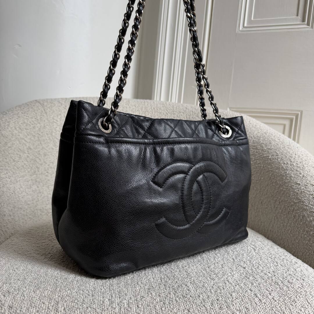 2010 Chanel CC Timeless Caviar Soft Shopper Black Tote Bag