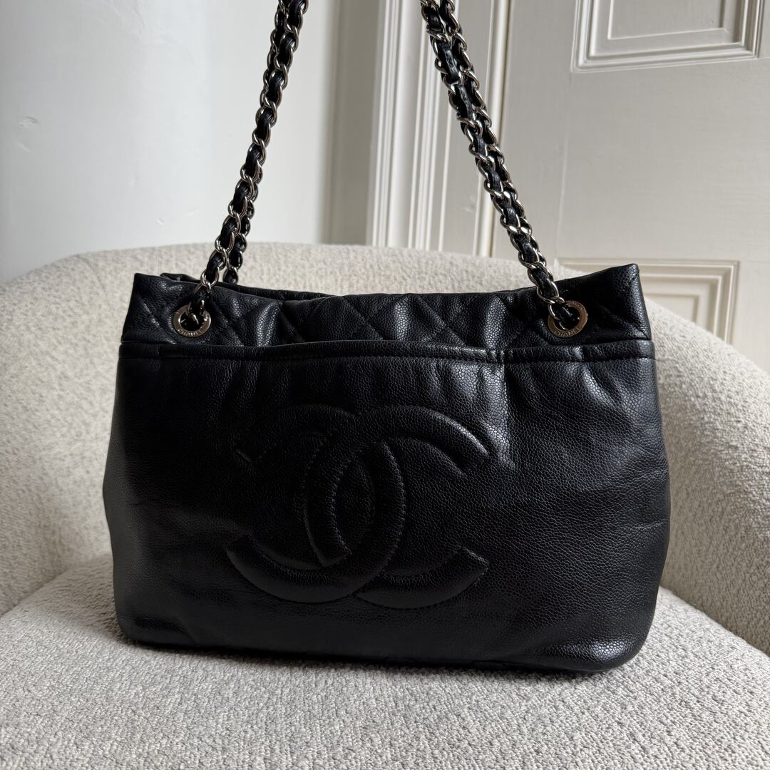 2010 Chanel CC Timeless Caviar Soft Shopper Black Tote Bag
