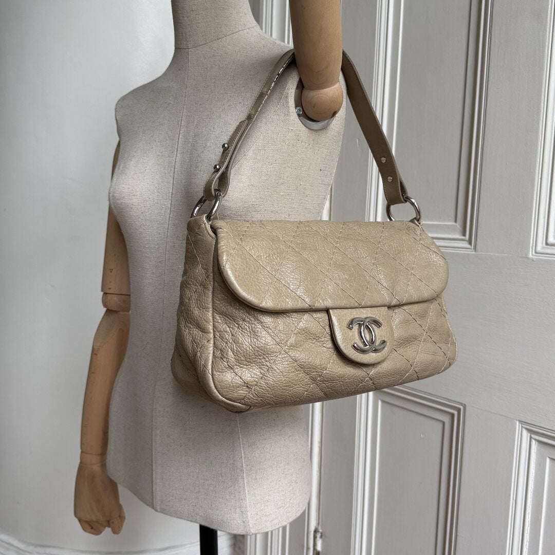 2010 Chanel On the Road Flap Beige Shoulder Bag