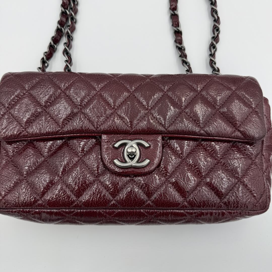 2008 Chanel East West Patent Leather Flap Bordeaux Shoulder Bag