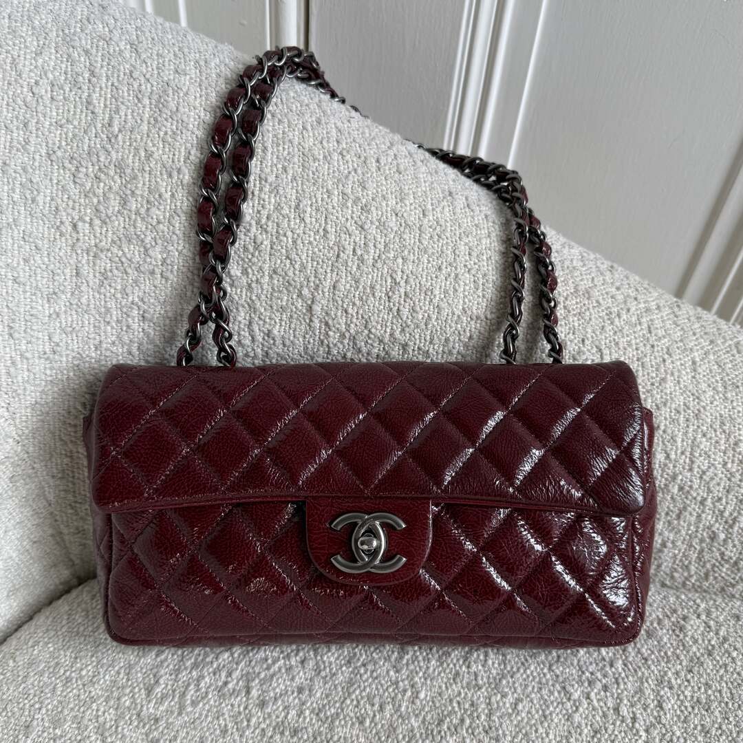 2008 Chanel East West Patent Leather Flap Bordeaux Shoulder Bag