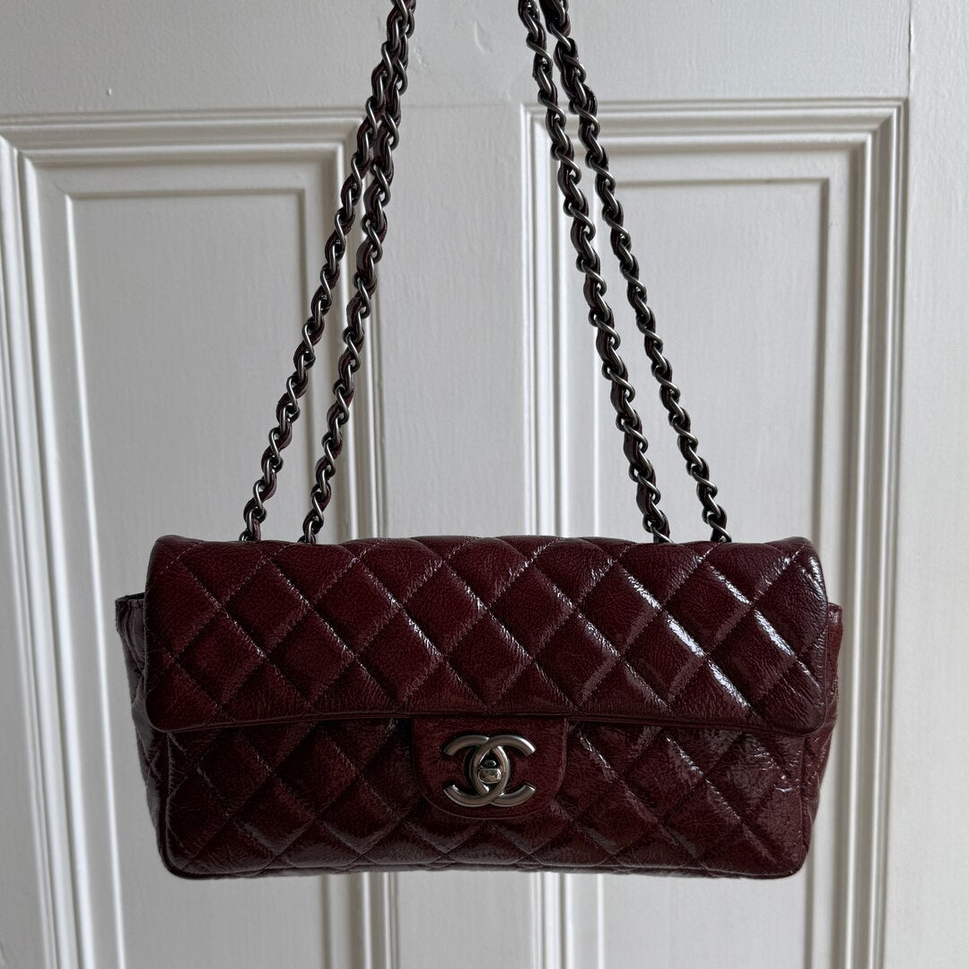 2008 Chanel East West Patent Leather Flap Bordeaux Shoulder Bag