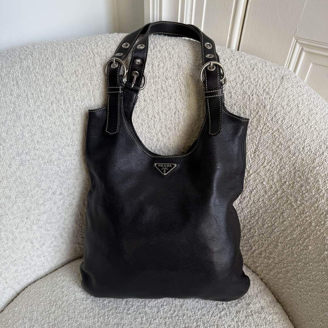 90s Prada Vitello Leather Black Tote Bag