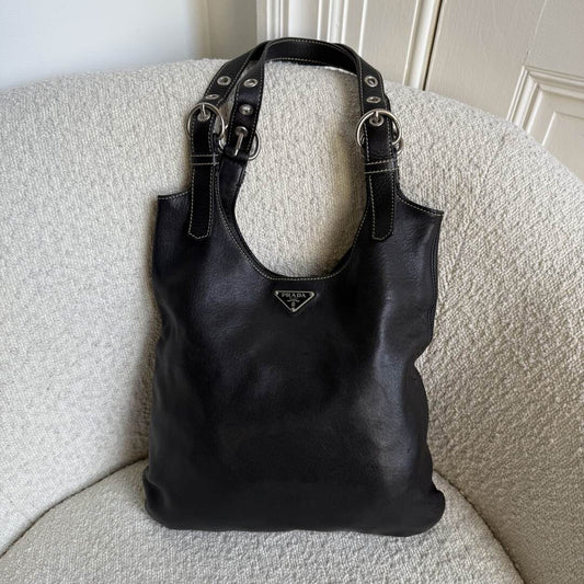 90s Prada Vitello Leather Black Tote Bag