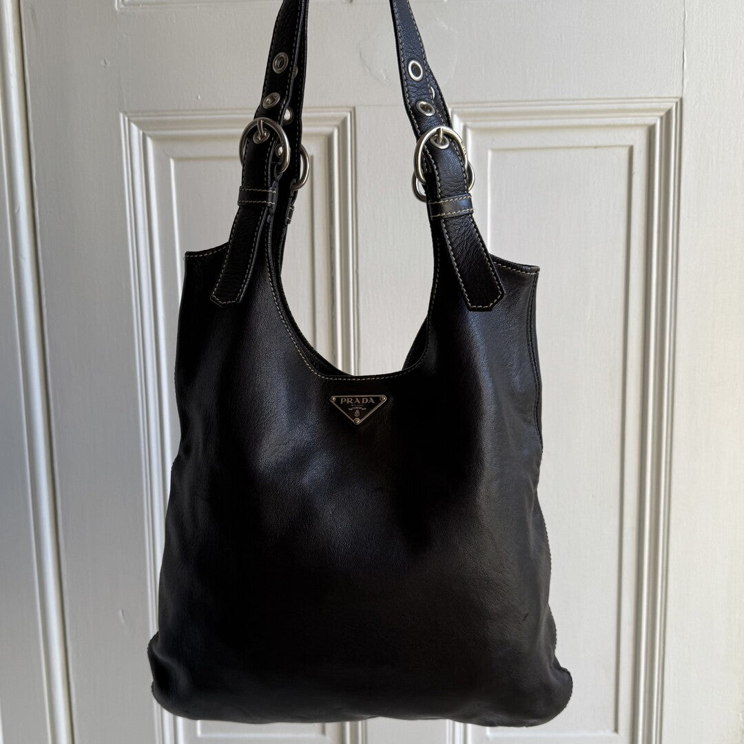 90s Prada Vitello Leather Black Tote Bag
