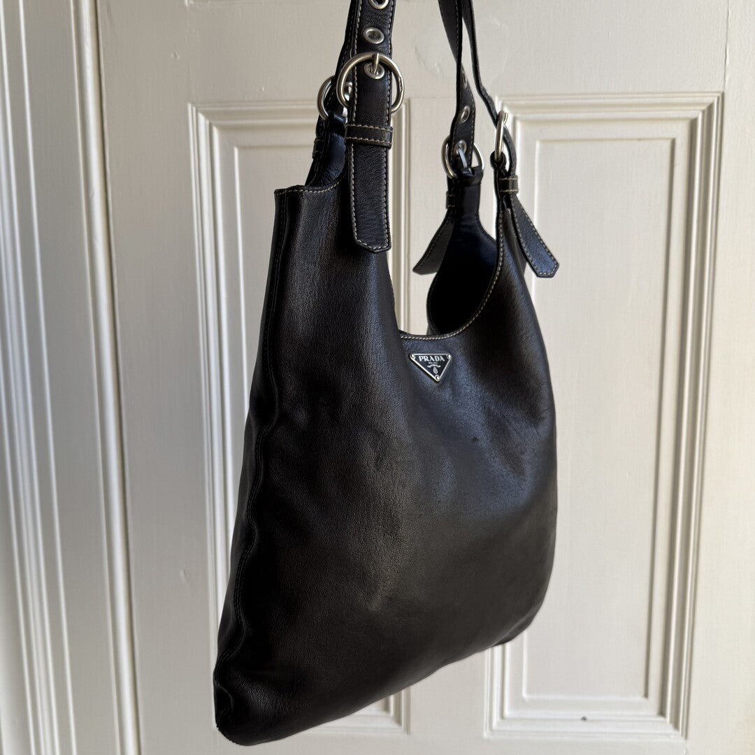 90s Prada Vitello Leather Black Tote Bag