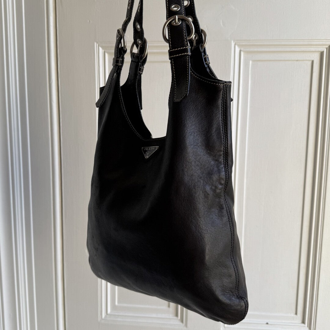 90s Prada Vitello Leather Black Tote Bag