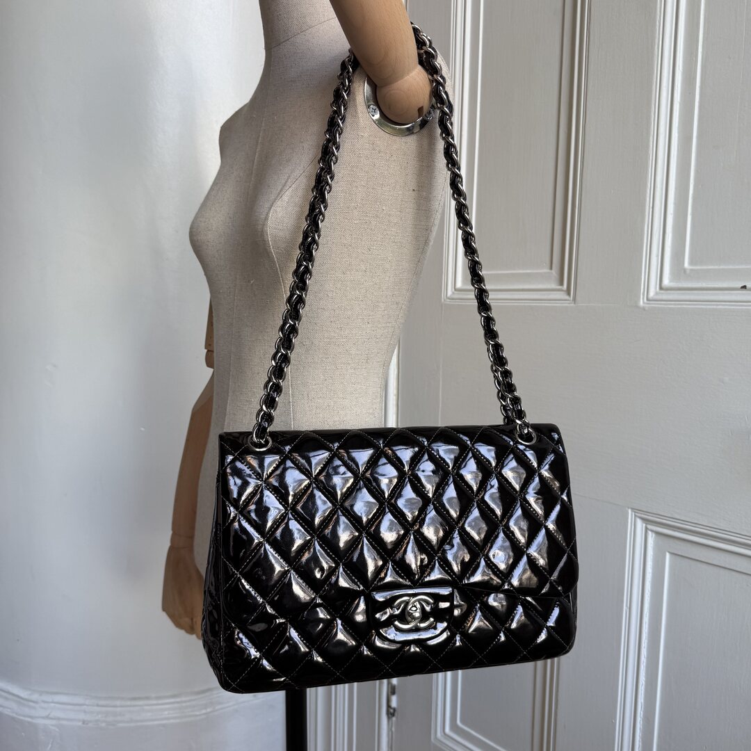 2011 Chanel CC Jumbo Flap Patent Leather Dark Brown Shoulder Bag