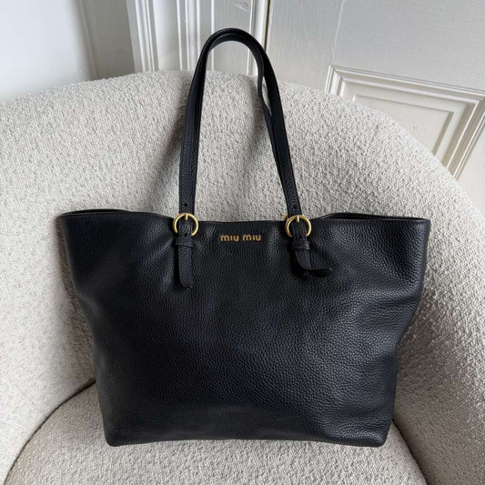 Miu Miu Vitello Black Leather Tote Bag