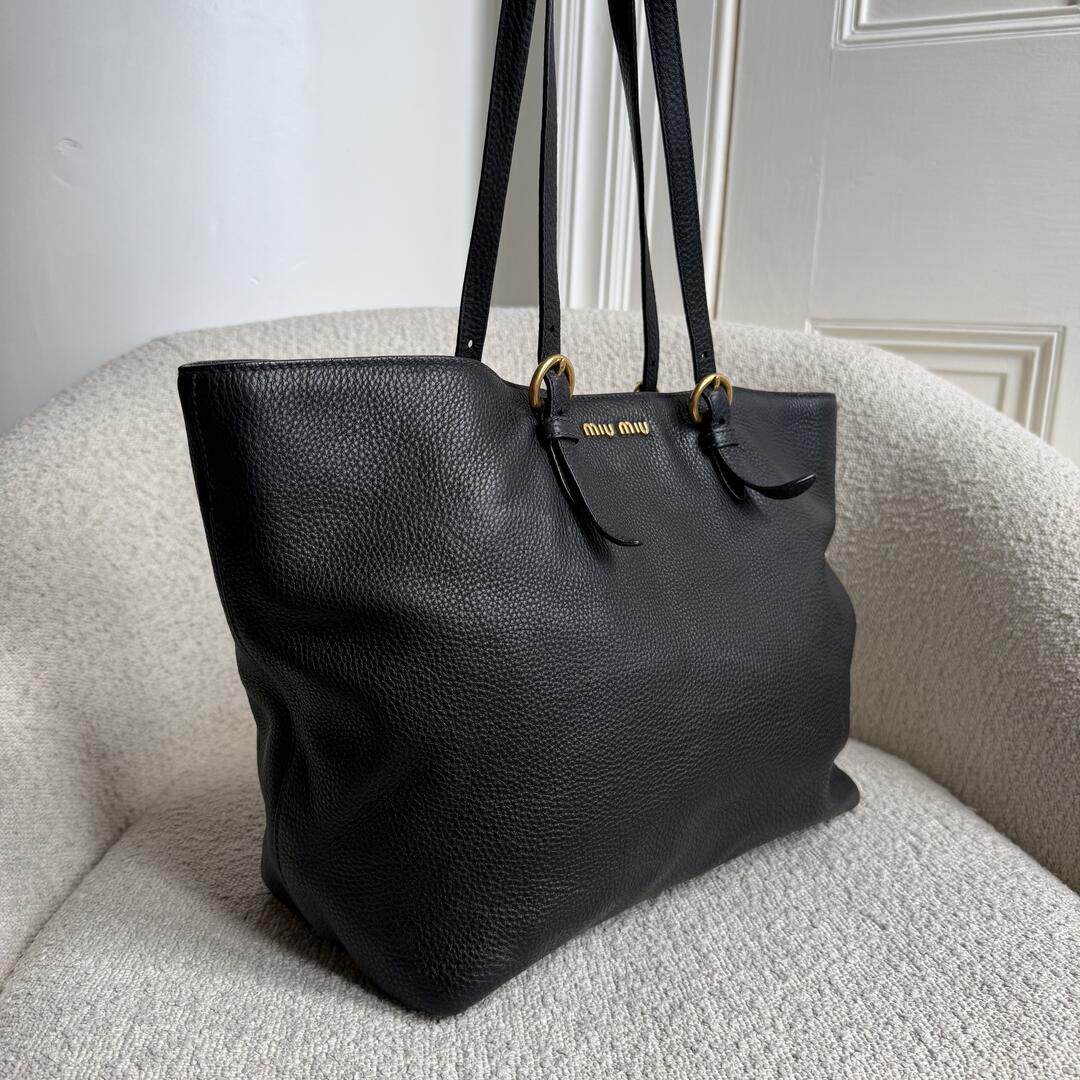 Miu Miu Vitello Black Leather Tote Bag