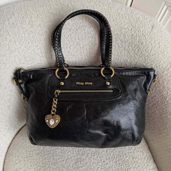 Miu Miu Studded Black Leather Shoulder Bag