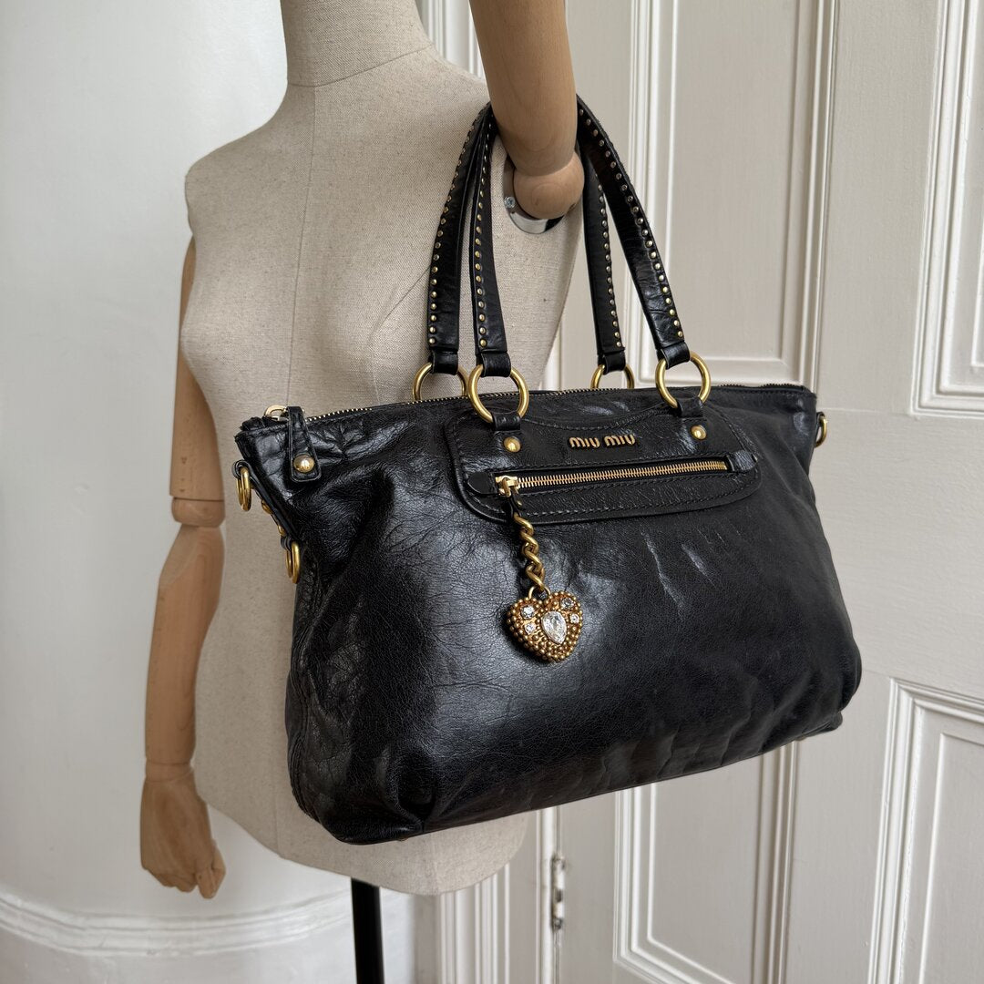 Miu Miu Studded Black Leather Shoulder Bag