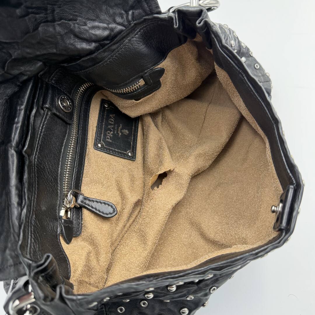 2009 Prada Studded Nappa Leather Black Chain Shoulder Bag