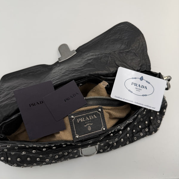 2009 Prada Studded Nappa Leather Black Chain Shoulder Bag