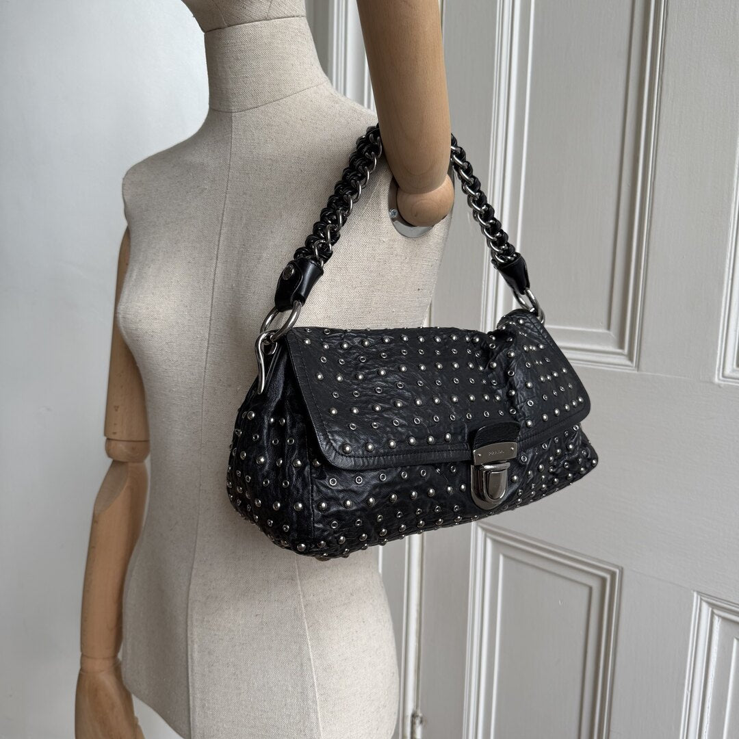2009 Prada Studded Nappa Leather Black Chain Shoulder Bag