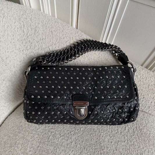 2009 Prada Studded Nappa Leather Black Chain Shoulder Bag
