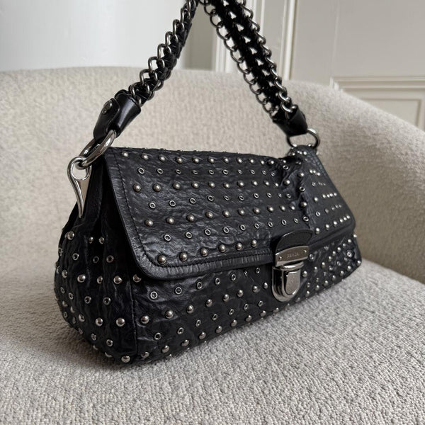 2009 Prada Studded Nappa Leather Black Chain Shoulder Bag
