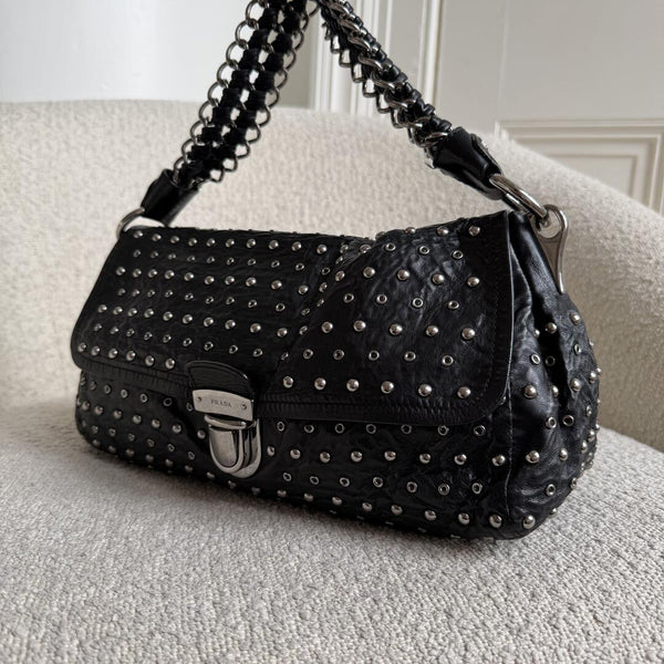 2009 Prada Studded Nappa Leather Black Chain Shoulder Bag