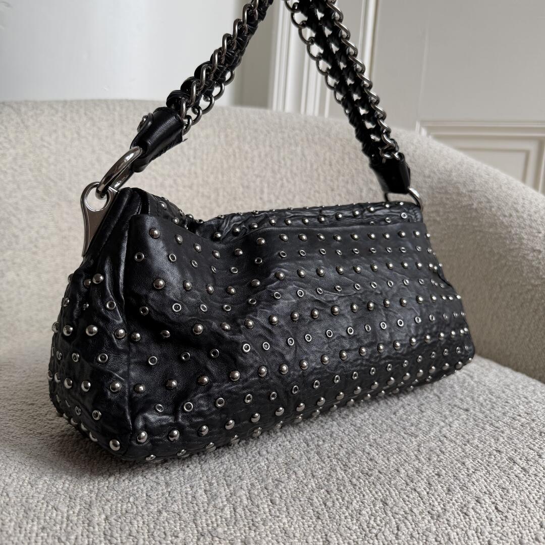2009 Prada Studded Nappa Leather Black Chain Shoulder Bag