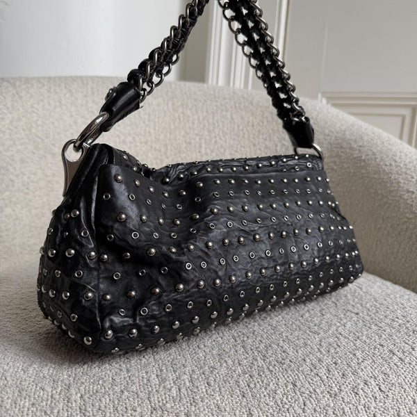 2009 Prada Studded Nappa Leather Black Chain Shoulder Bag