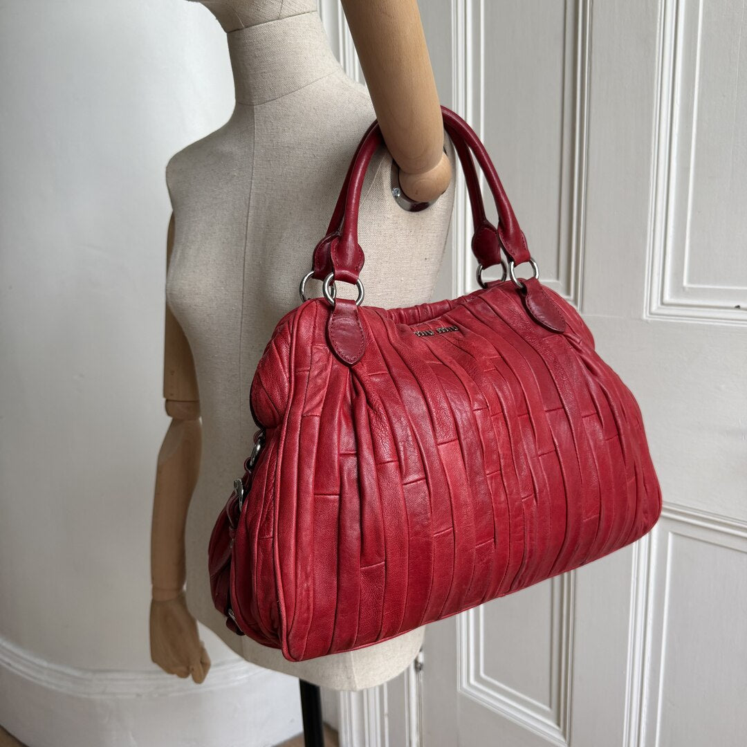 Miu Miu Pleated Leather Red Handbag