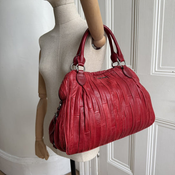 Miu Miu Pleated Leather Red Handbag