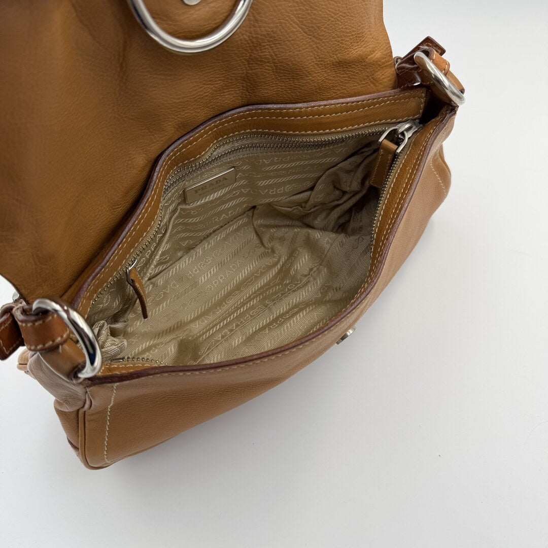 Prada Borchie Studded Brown Leather Shoulder Bag