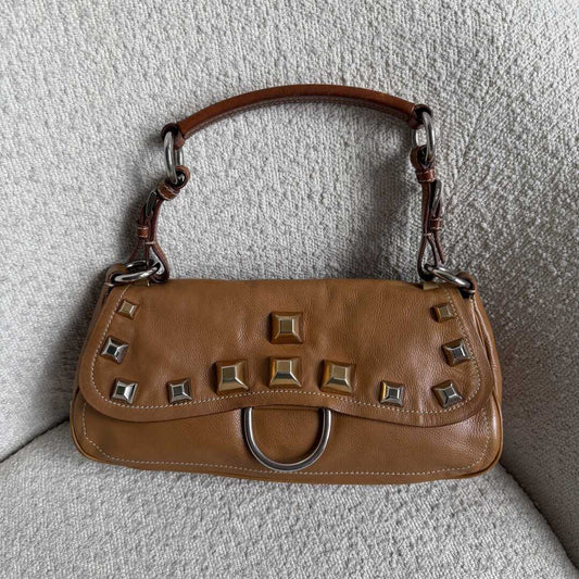 Prada Borchie Studded Brown Leather Shoulder Bag
