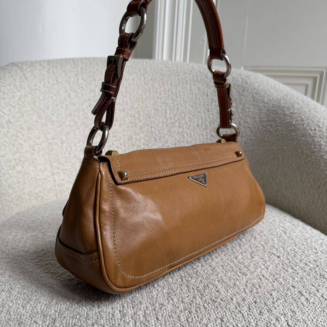 Prada Borchie Studded Brown Leather Shoulder Bag