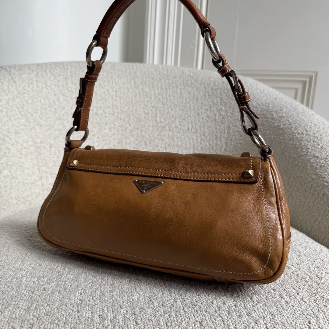 Prada Borchie Studded Brown Leather Shoulder Bag