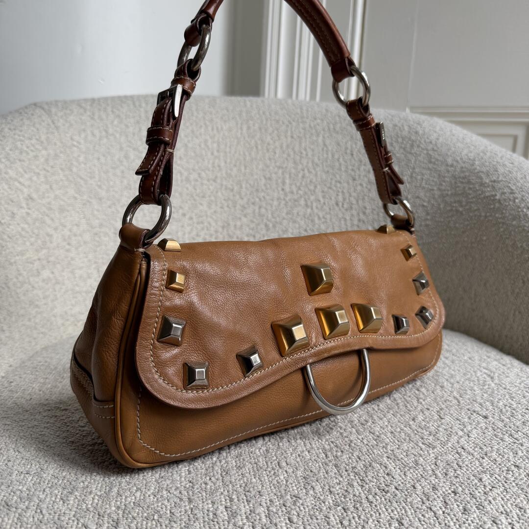 Prada Borchie Studded Brown Leather Shoulder Bag