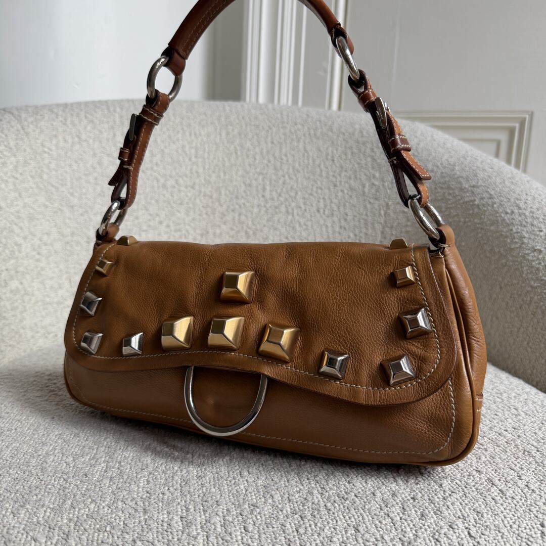 Prada Borchie Studded Brown Leather Shoulder Bag