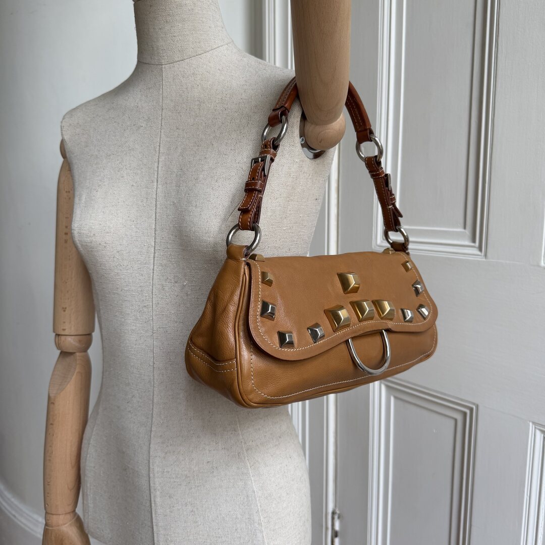 Prada Borchie Studded Brown Leather Shoulder Bag