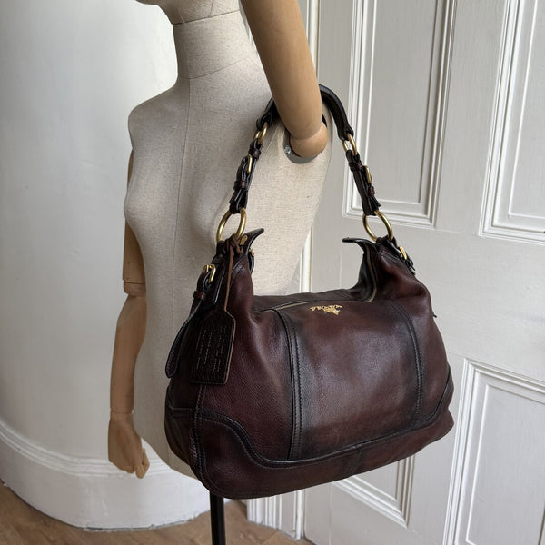 Prada Vitello Daino Brown Leather Shoulder Bag