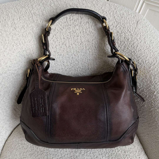 Prada Vitello Daino Brown Leather Shoulder Bag