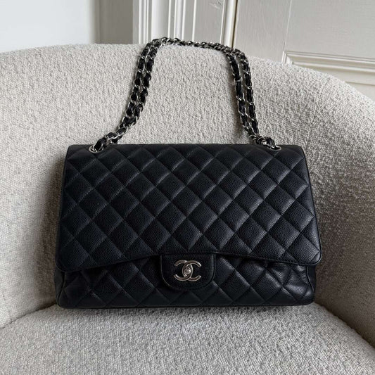 2010 Chanel CC Maxi Classic Caviar Single Flap Black Shoulder Bag