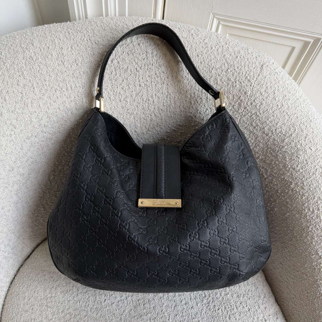 Gucci Guccissima Hobo Black Leather Shoulder Bag