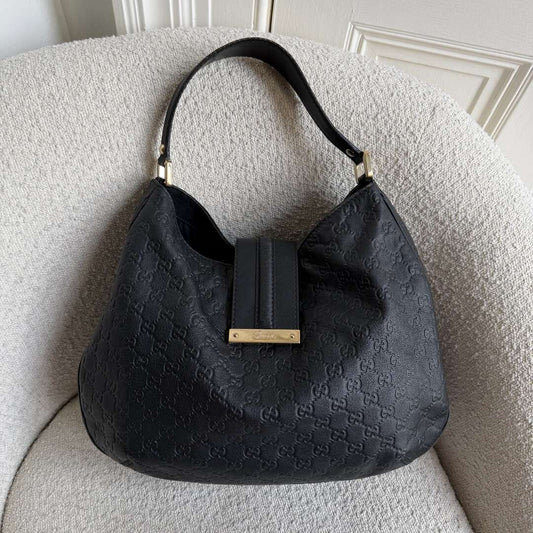 Gucci Guccissima Hobo Black Leather Shoulder Bag