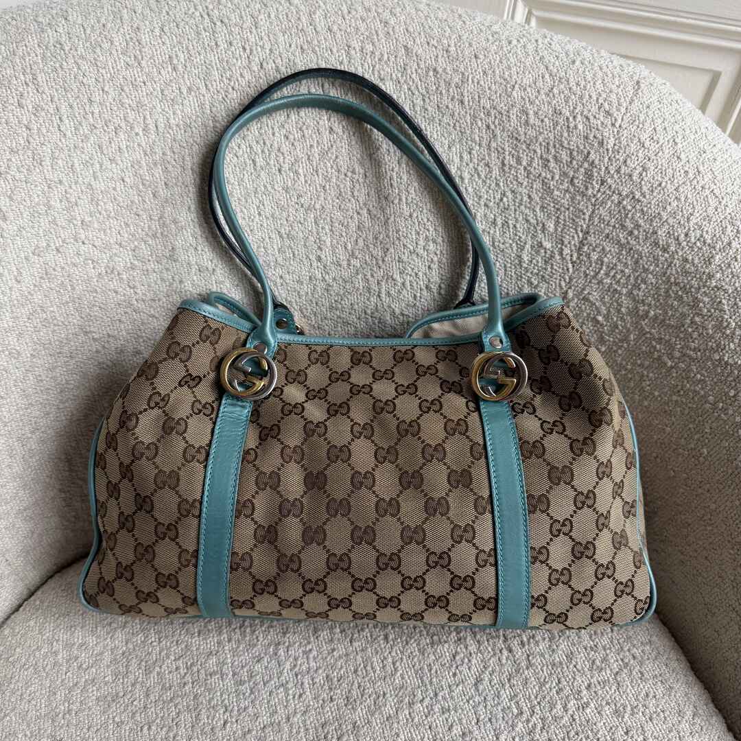 Gucci GG Twins Blue Leather Tote Bag