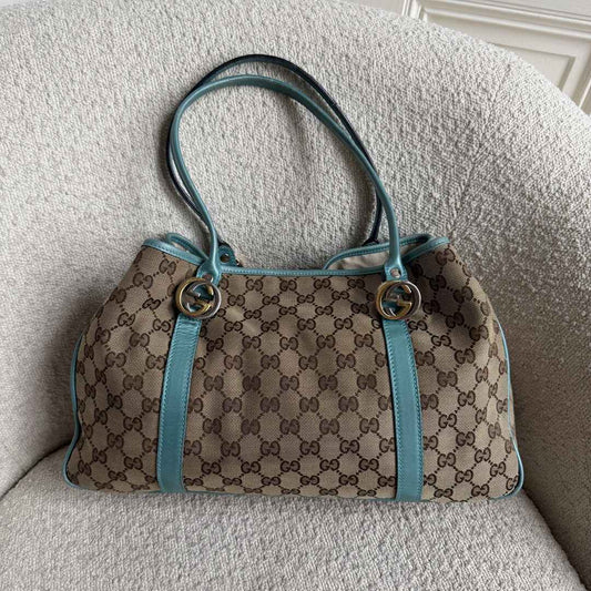 Gucci GG Twins Blue Leather Tote Bag